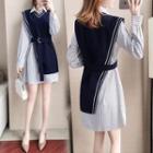 Set: Long-sleeve Striped Mini Shirtdress + Knit Vest