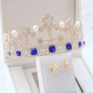 Wedding Set: Faux Pearl Rhinestone Tiara + Earring Crown & 1 Pair - Clip On Earring - One Size