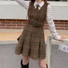 Long-sleeve Shirt / Tie / Plaid Mini A-line Overall Dress