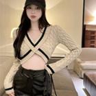 V-neck Cropped Cardigan / High-waist Faux Leather Straight-cut Pants