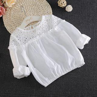 Puff-sleeve Long-sleeved Crewneck Cutout Plain Panel Lace Top