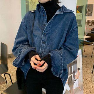 Long-sleeve Plain Denim Shirt Blue - One Size