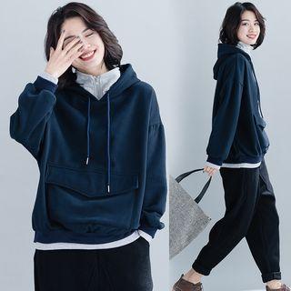 Mock Two-piece Drawstring Hoodie Dark Sapphire Blue - One Size