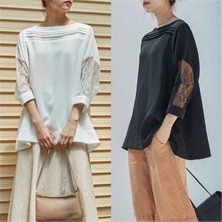 Pintuck-yoke Lace-sleeve Top
