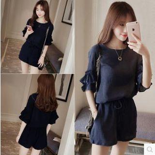 Set: Elbow Sleeve Frill Trim Blouse + Drawstring Shorts