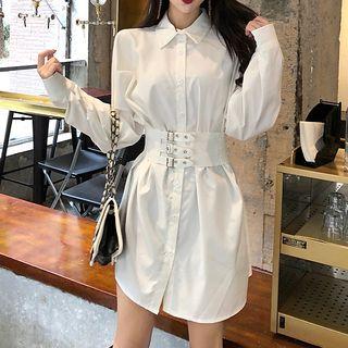 Buckled-waist Long-sleeve Shirtdress