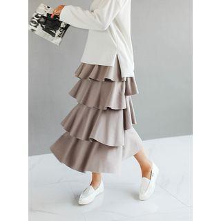 Band-waist Layered Ruffle Long Skirt