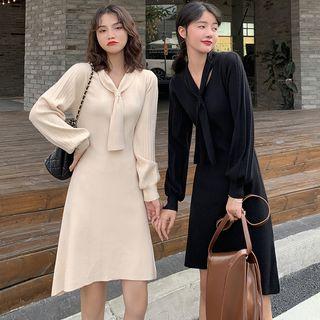 Tie-neck Lantern-sleeve A-line Mini Knit Dress