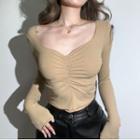 Long Sleeve V-neck Ribbed-knit Ruched Crop Sweater