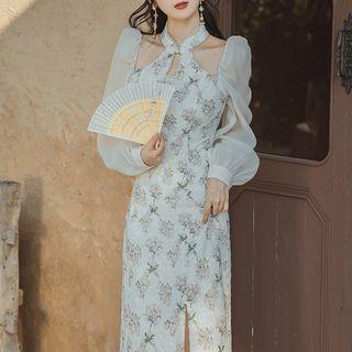 Lantern-sleeve Cut Out Floral Midi A-line Dress
