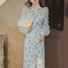 Lantern-sleeve Cut Out Floral Midi A-line Dress