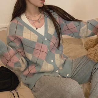 Argyle V-neck Cardigan Blue & Pink & White - One Size