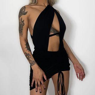 One-shoulder Cut-out Drawstring Mini Sheath Dress