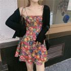 Plain Cardigan / Spaghetti Strap Flower Print Mini A-line Dress