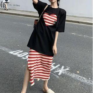 Sleeveless Striped Bodycon Dress / Cutout T-shirt