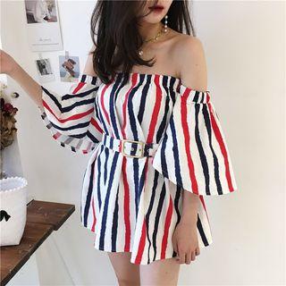 Set: Striped Off-shoulder A-line Dress + Belt + Headband