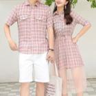Couple Matching Mesh Panel Plaid Shirt Dress / Plaid Short-sleeve Shirt / Plain Shorts