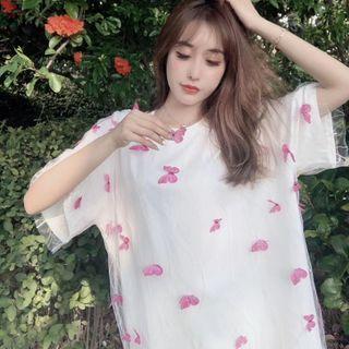 Butterfly Mesh Overlay Short-sleeve Top