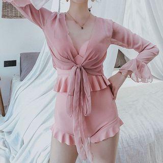 Set: Ruffled Swimsuit + Long-sleeve Cover-up Top