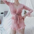 Set: Ruffled Swimsuit + Long-sleeve Cover-up Top