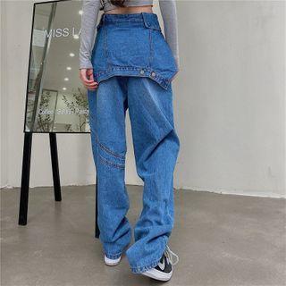 High-waist Mock Two Piece Loose Fit Straight Cut Jeans
