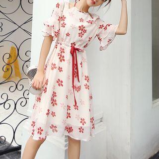 Flower Print Drawstring Short-sleeve A-line Dress