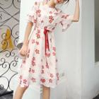 Flower Print Drawstring Short-sleeve A-line Dress