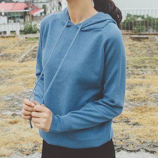 Plain Drawstring Knit Hoodie Blue - One Size