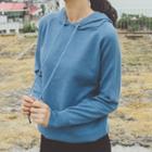 Plain Drawstring Knit Hoodie Blue - One Size