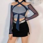 Long-sleeve Off-shoulder Mesh Panel Crop Top