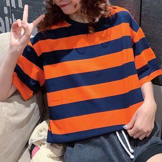 Striped Oversized Elbow-sleeve T-shirt