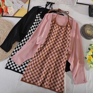 Set: Plain Cardigan + Halter-neck Checkered Knit Mini Sheath Dress