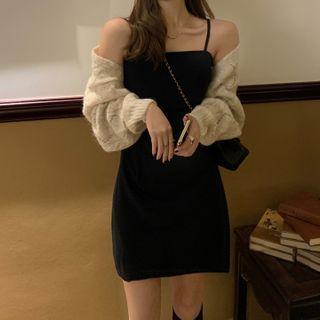 Pointelle Knit Cardigan / Spaghetti Strap Mini Sheath Dress