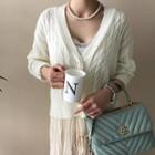 V-neck Faux-pearl Button Cable-knit Cardigan
