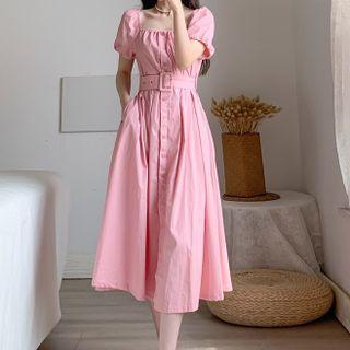 Puff Sleeve Square Neck Plain A-line Shirtdress