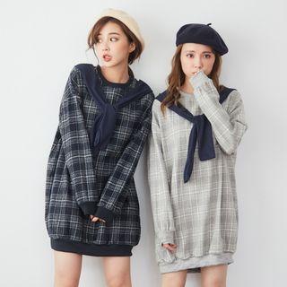 Lace Up Plaid Pullover Dress