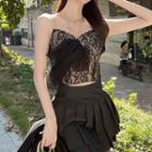Lace Bow Cropped Camisole Top / Cardigan