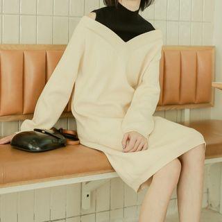 Mock-turtleneck Cold-shoulder Midi Knit Dress Almond - One Size