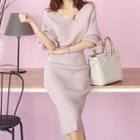 Set: V-neck Batwing-sleeve Rib Knit Top + Pencil Skirt