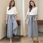 Set: Contrast Trim Elbow-sleeve Top + Striped Cropped Wide Leg Pants