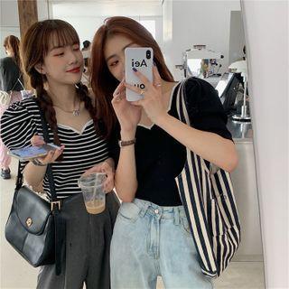 Plain / Striped V-neck Puff-sleeve Knit Top