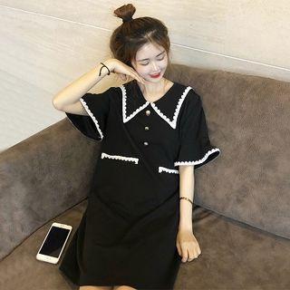 Elbow-sleeve Contrast Trim Dress Black - One Size