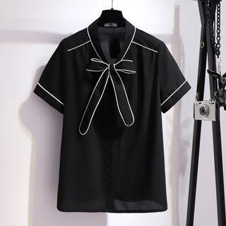 Short-sleeve Ribbon Contrast Trim Blouse