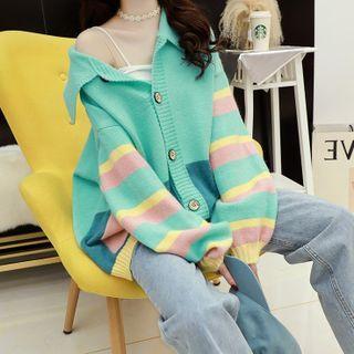 Collared Color Block Striped Cardigan