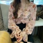 Bell-sleeve Floral Print Chiffon Blouse Pink - One Size