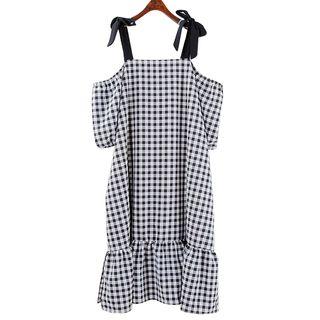 Elbow-sleeve Cold Shoulder Plaid Midi Dress