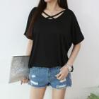 Dolman-sleeve Cross-strap T-shirt