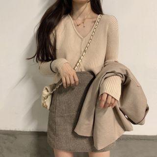 Plain Blazer / V-neck Cardigan / Mini A-line Skirt