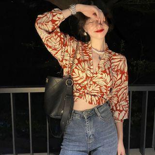 V-neck Floral Cropped Blouse Floral - Red & White - One Size