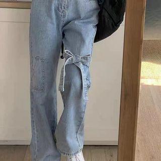 High Waist Ribbon Accent Loose Fit Cargo Jeans